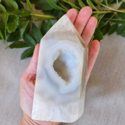 Polished Druzy Agate Tower: Banded Crystal Decor, Brazilian Crystals