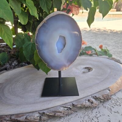 Blue Druzy Agate Geode Stand: Raw & Polished Crystal, Iron Base