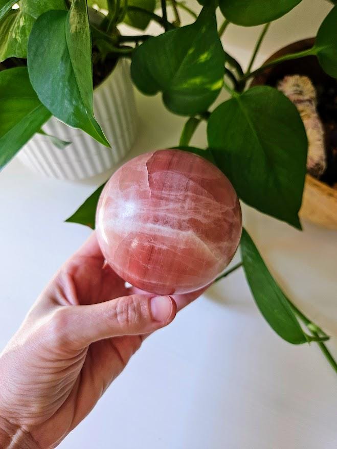 Polished Rose Calcite Crystal: 3 Inch Pink Crystal Sphere, Afghanistan - Image 6