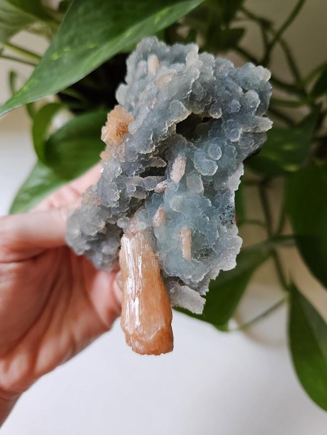 Quality Blue Chalcedony Peach Stilbite Crystal: Natural Crystal Cluster from India - Image 7