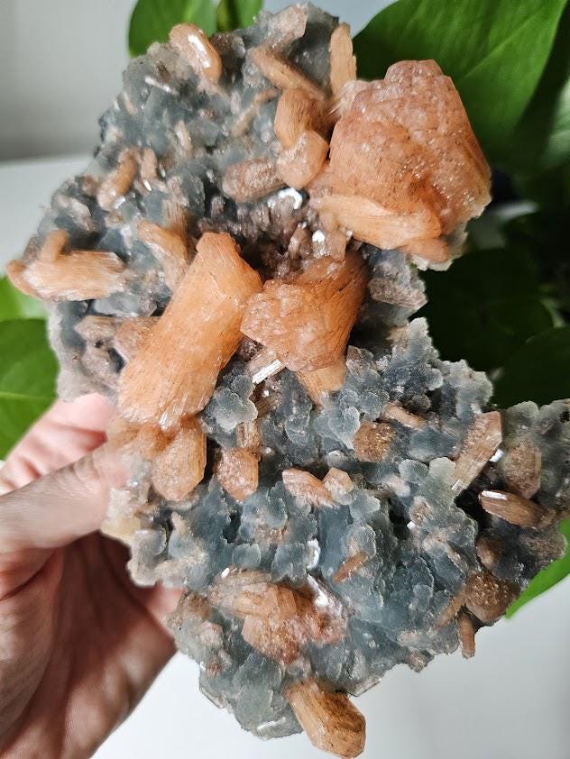 Quality Blue Chalcedony Peach Stilbite Crystal: Natural Crystal Cluster from India - Image 3