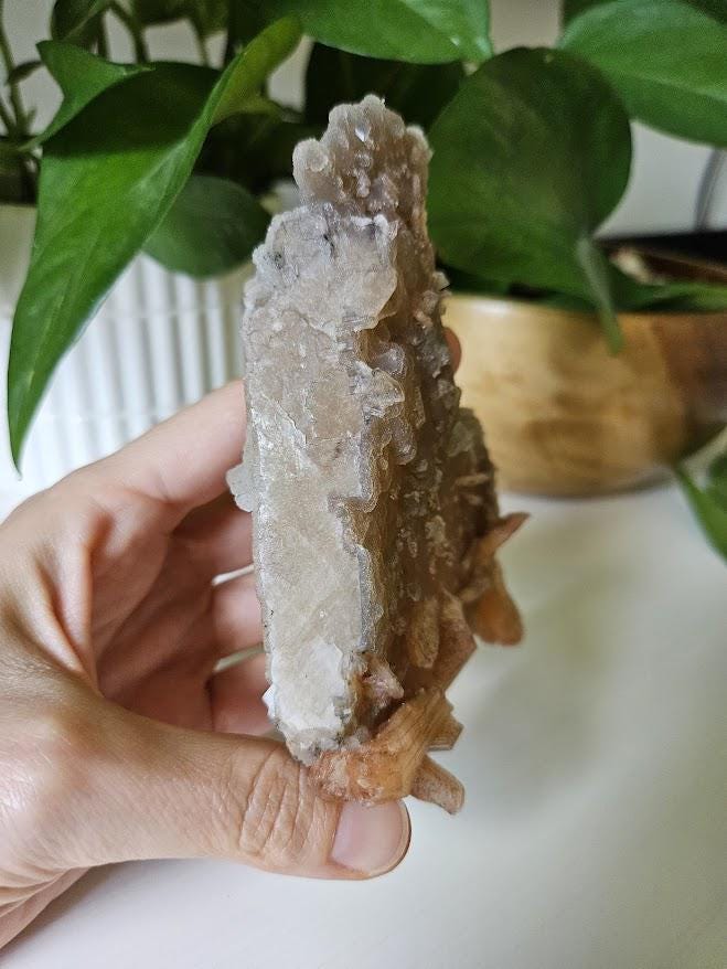 Quality Chalcedony and Peach Stilbite Cluster: Beige Chalcedony Crystal on Calcite, India - Image 7