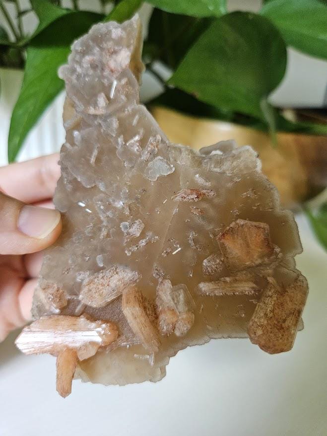 Quality Chalcedony and Peach Stilbite Cluster: Beige Chalcedony Crystal on Calcite, India - Image 8