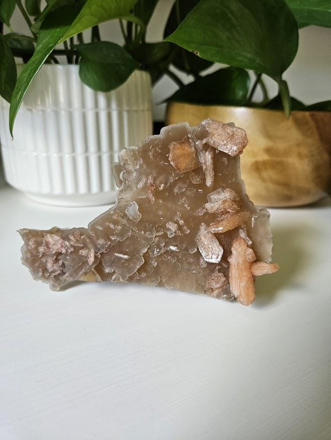 Quality Chalcedony and Peach Stilbite Cluster: Beige Chalcedony Crystal on Calcite, India - Image 3