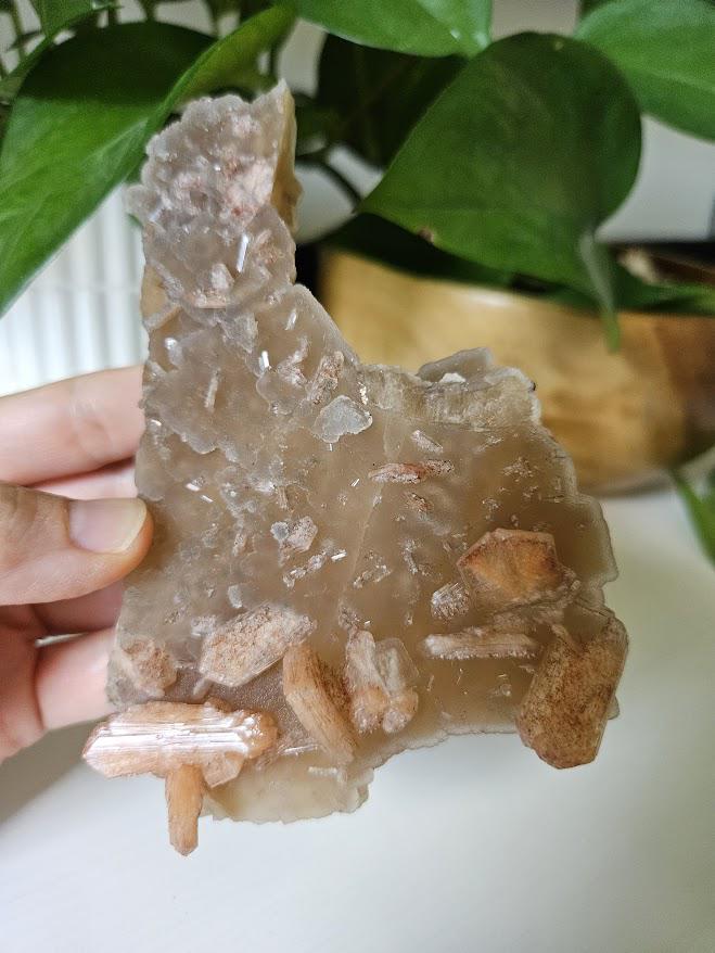 Quality Chalcedony and Peach Stilbite Cluster: Beige Chalcedony Crystal on Calcite, India - Image 2