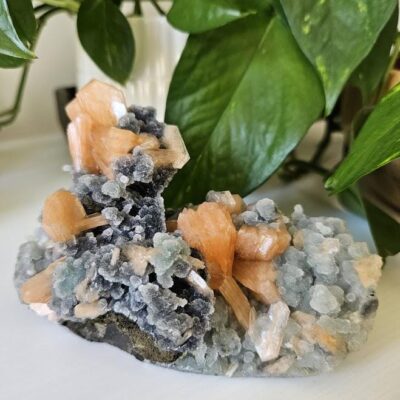 Quality Blue Chalcedony Peach Stilbite Crystal: Natural Crystal Cluster from India