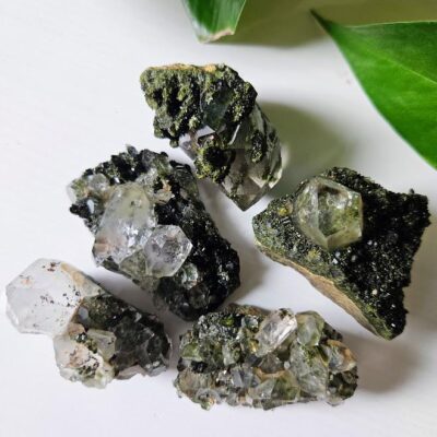 5 Small Forest Quartz Clusters: Turkish Epidote and Clear Quartz Crystal