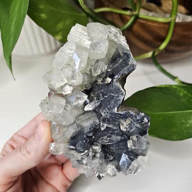 Diamond Apophyllite Cluster on Blue Chalcedony: Natural Crystal Home Decor