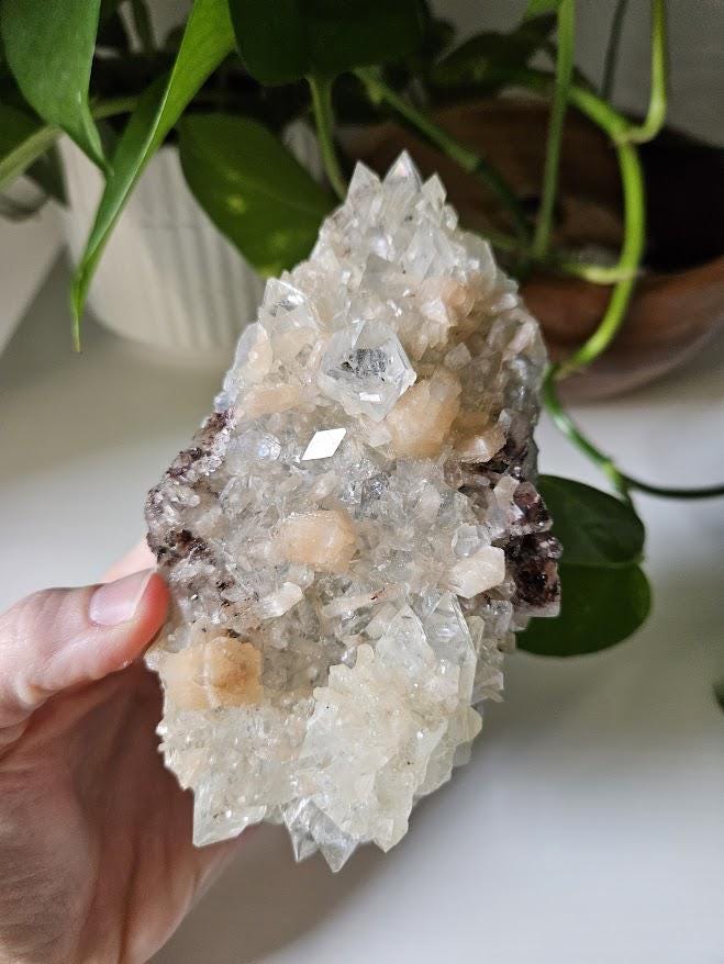 Large Diamond Apophyllite Cluster: Peach Stilbite, Red Hematite, Apophyllite Crystal - Image 3