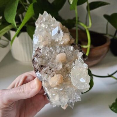 Large Diamond Apophyllite Cluster: Peach Stilbite, Red Hematite, Apophyllite Crystal